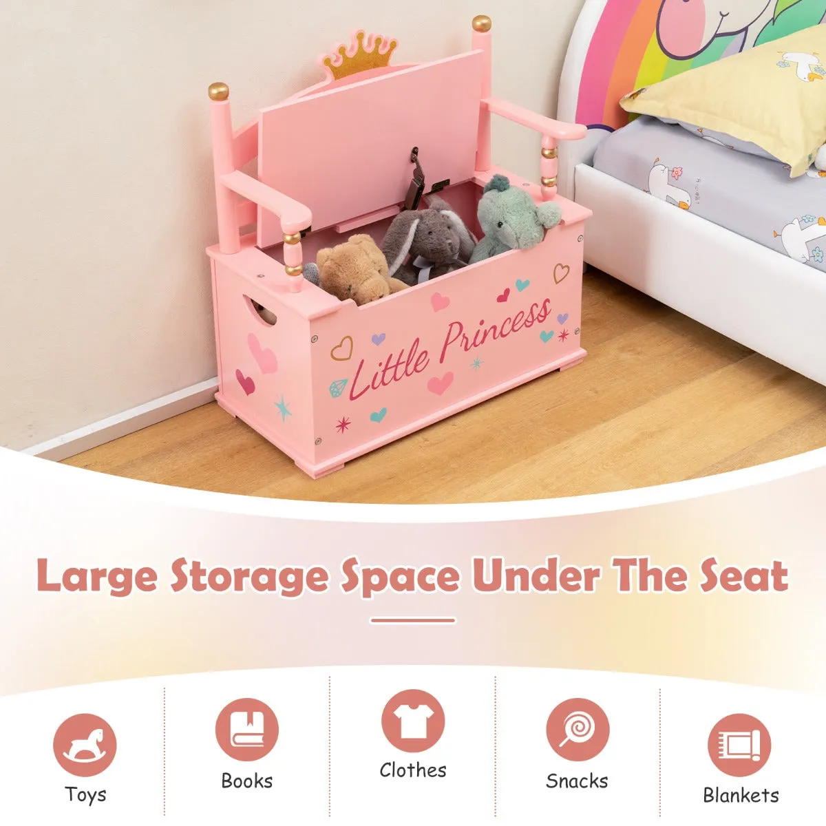 2-in-1 Kids Toy Chest and Bench with Safety Hinge