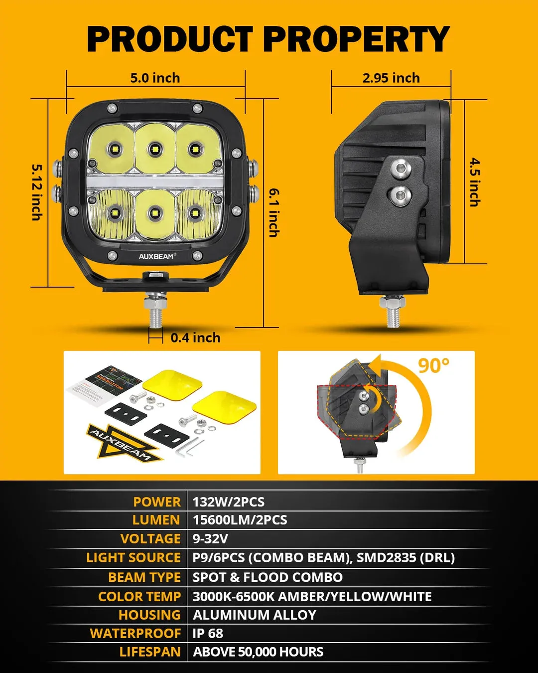 5 Inch 132W White/Amber LED Pods With Amber DRL For SUV Jeep