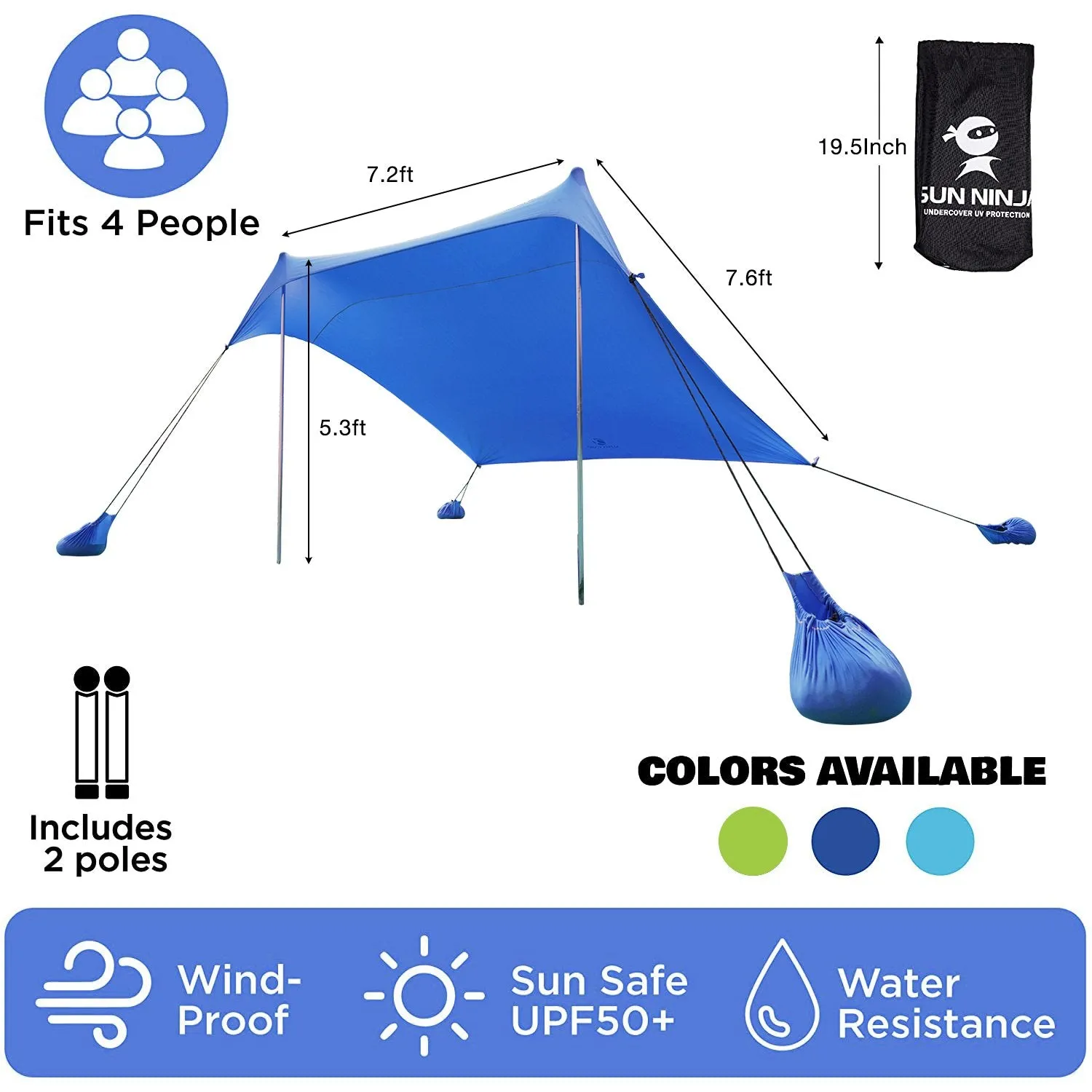 ALPHA CAMP 7.6ft x 7.2ft UPF 50  Beach Shade Tent with Sandbag Anchors