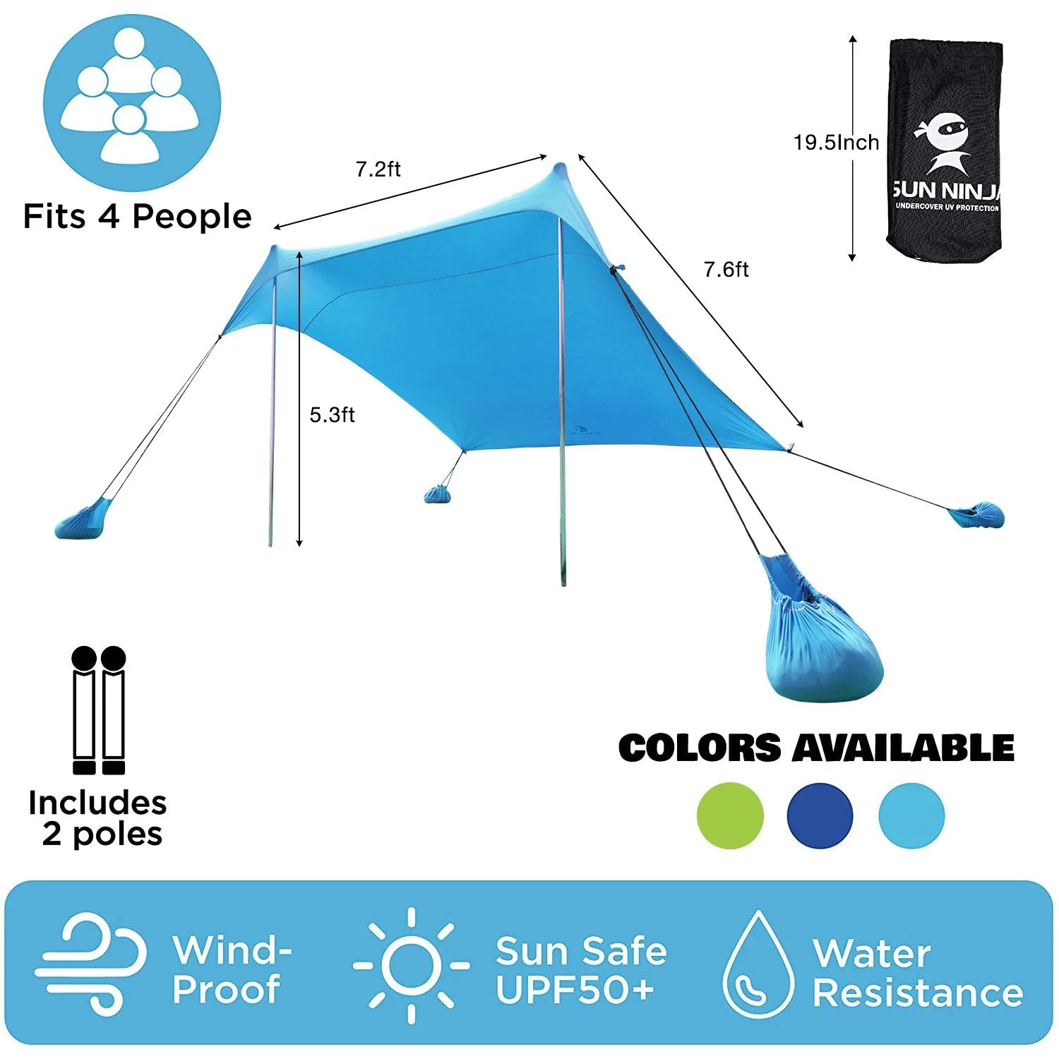 ALPHA CAMP 7.6ft x 7.2ft UPF 50  Beach Shade Tent with Sandbag Anchors