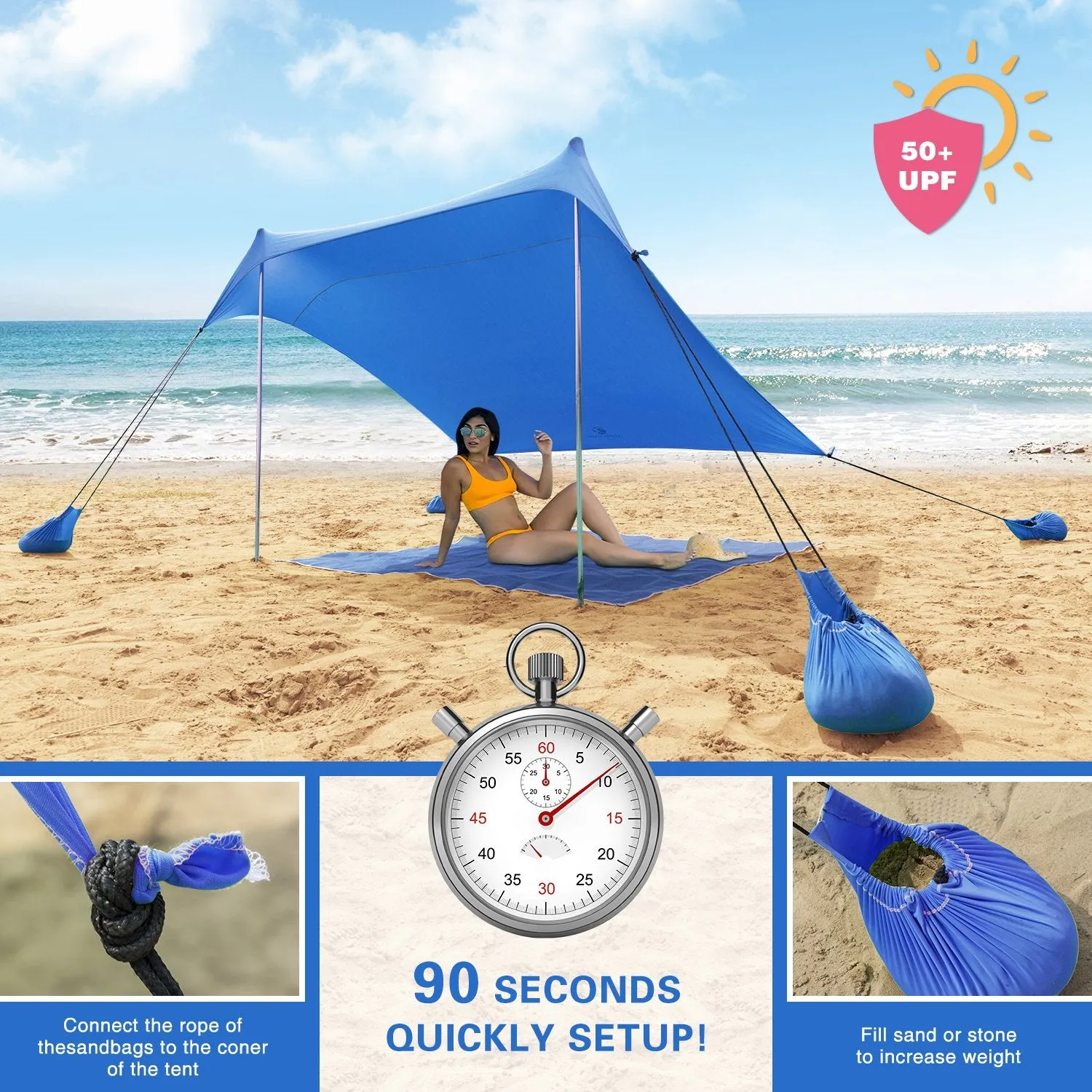 ALPHA CAMP 7.6ft x 7.2ft UPF 50  Beach Shade Tent with Sandbag Anchors