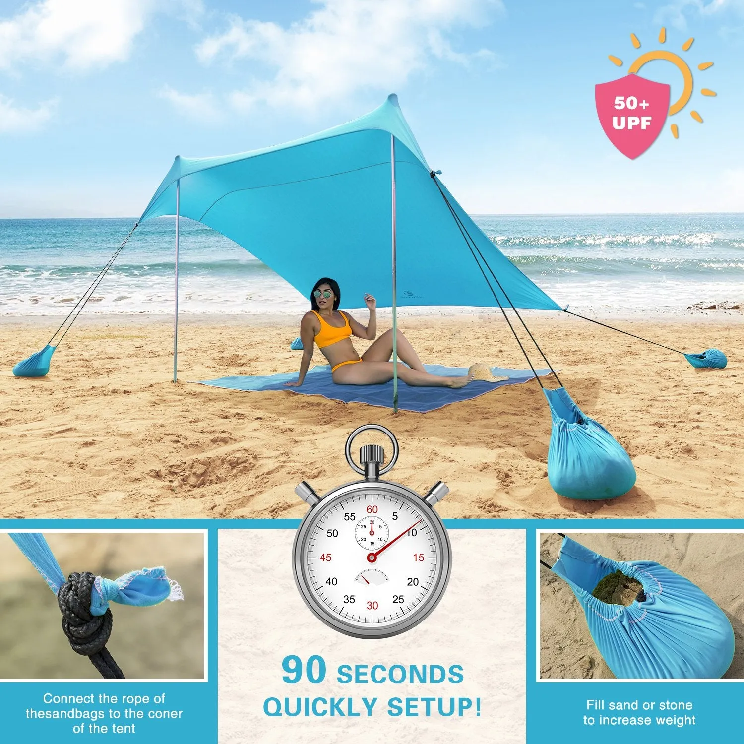 ALPHA CAMP 7.6ft x 7.2ft UPF 50  Beach Shade Tent with Sandbag Anchors