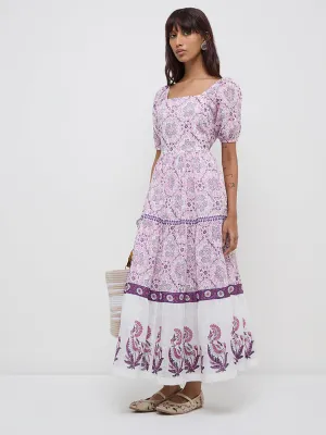Bombay Paisley Pink Floral Design Cotton Tiered Dress