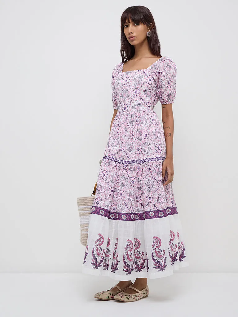 Bombay Paisley Pink Floral Design Cotton Tiered Dress