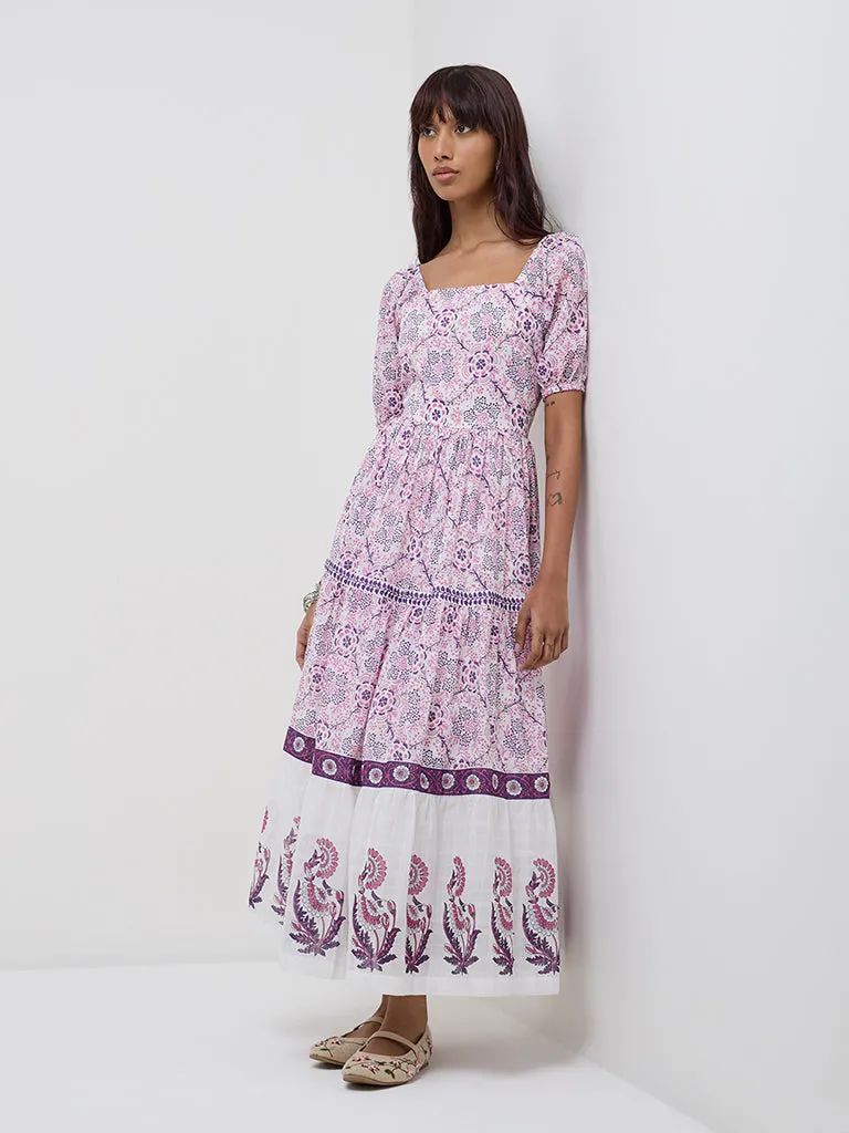Bombay Paisley Pink Floral Design Cotton Tiered Dress