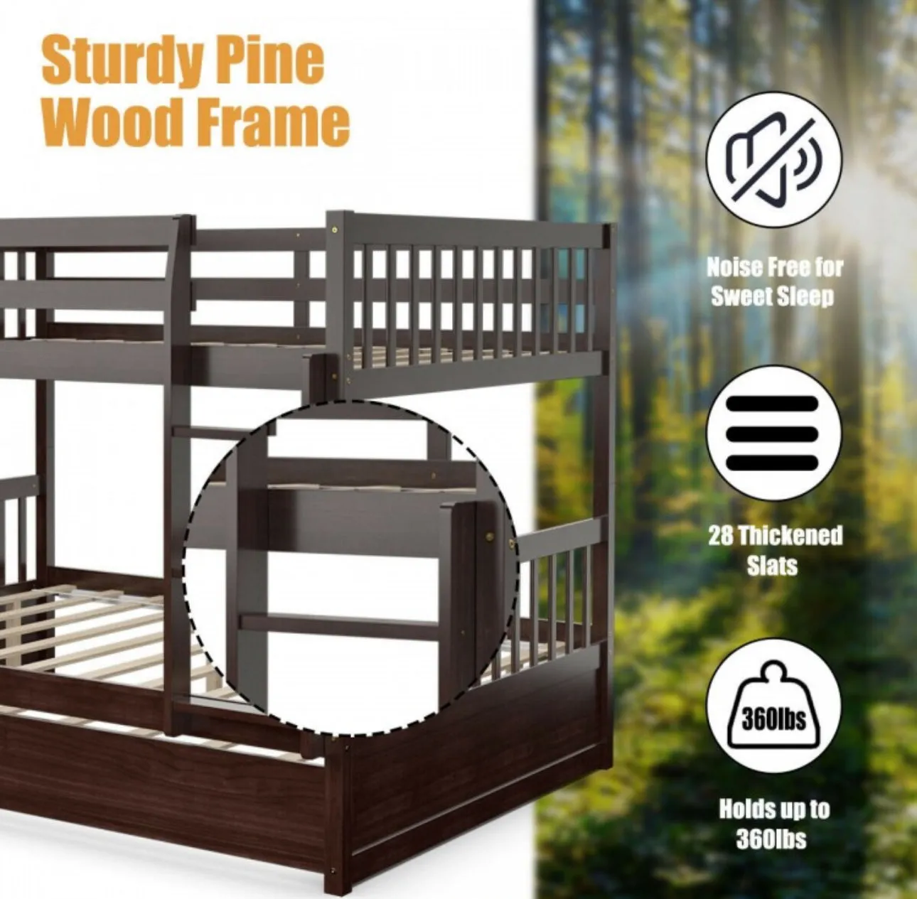 Heavy Duty Full Over Bunk Bed  Platform Bed With Solid Ladder | Sturdy Pine Wood Frame | 2 Full Bunk Beds In 1