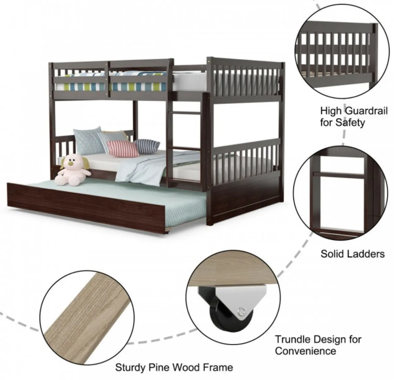 Heavy Duty Full Over Bunk Bed  Platform Bed With Solid Ladder | Sturdy Pine Wood Frame | 2 Full Bunk Beds In 1