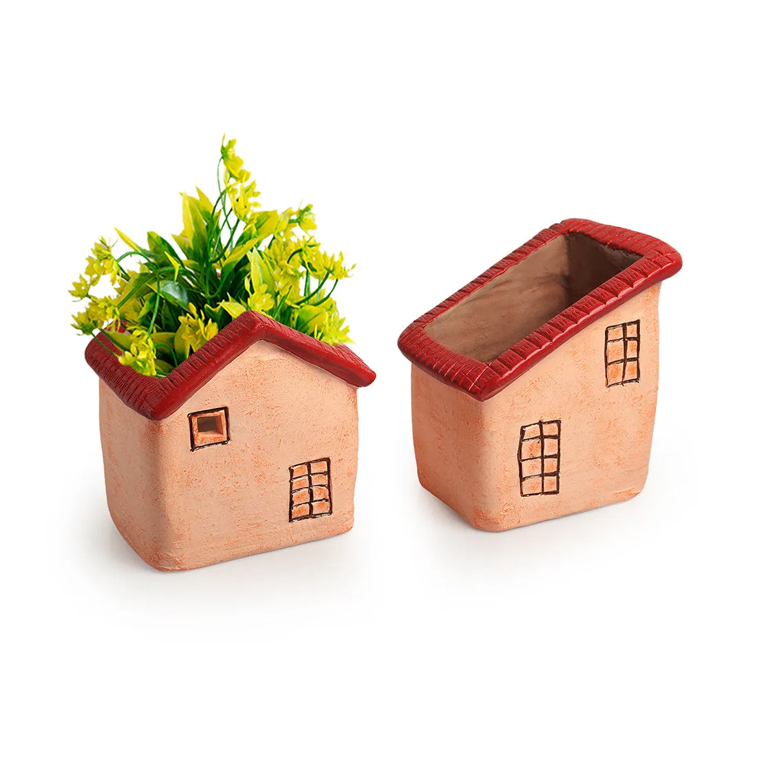 Homely Cottages' Handmade & Hand-Painted Terracotta Table Planters Flower Pots (Set of 2, 6.1 & 5.7 Inches, Peach)