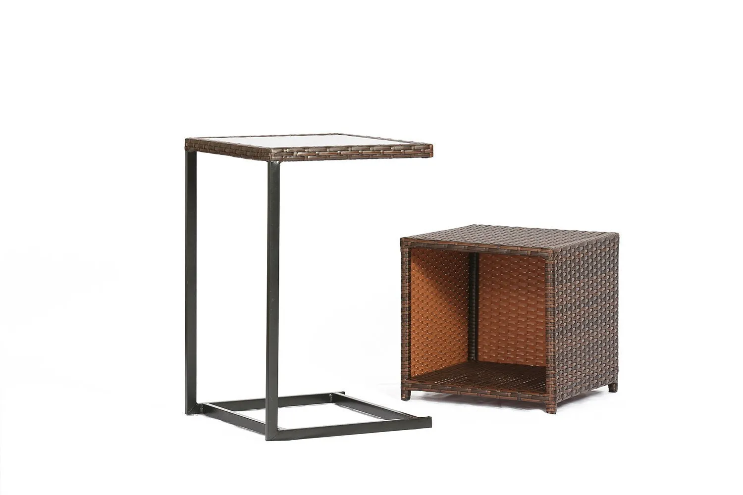 LAHAINA Outdoor Furniture C-Shaped Sofa Side Table - All Weather Wicker End Table W/ Portable Storage