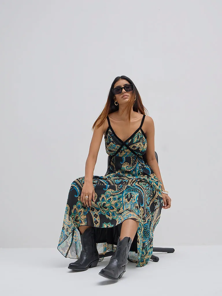 LOV Black Paisley Printed A-Line Dress
