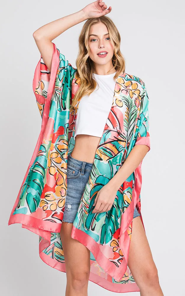 MS0346 HAND DRAWN WATERCOLOR TROPICAL LEAVES KIMONO