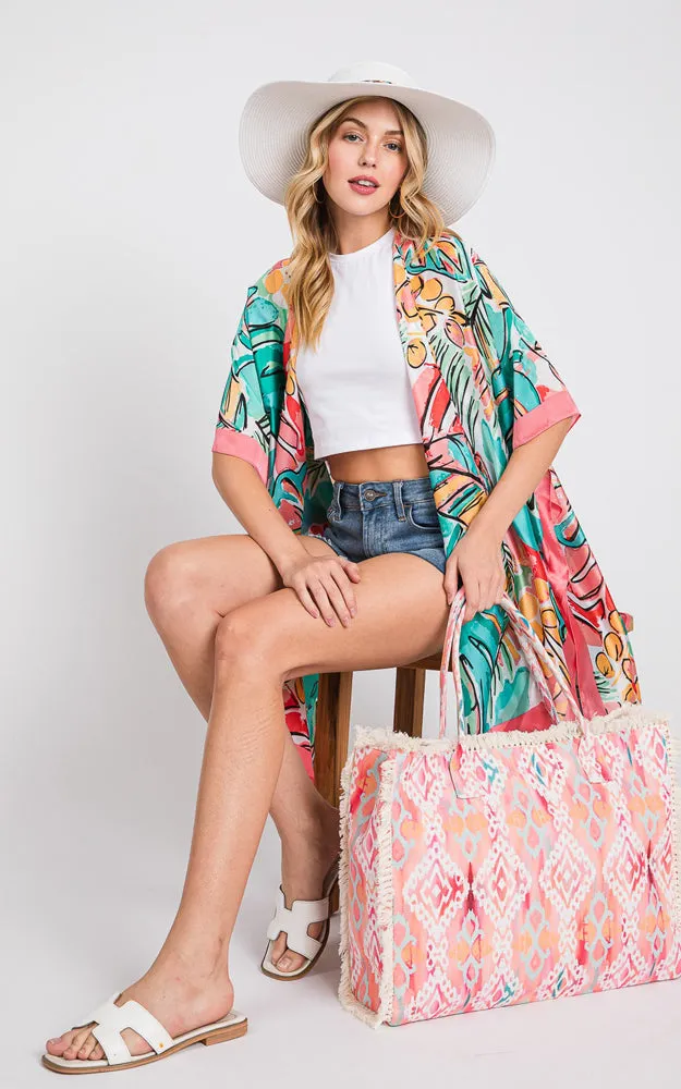 MS0346 HAND DRAWN WATERCOLOR TROPICAL LEAVES KIMONO