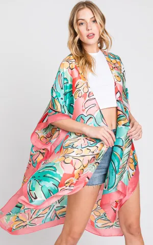 MS0346 HAND DRAWN WATERCOLOR TROPICAL LEAVES KIMONO