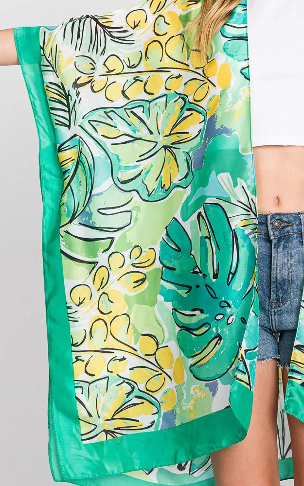 MS0346 HAND DRAWN WATERCOLOR TROPICAL LEAVES KIMONO