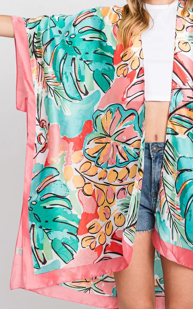 MS0346 HAND DRAWN WATERCOLOR TROPICAL LEAVES KIMONO