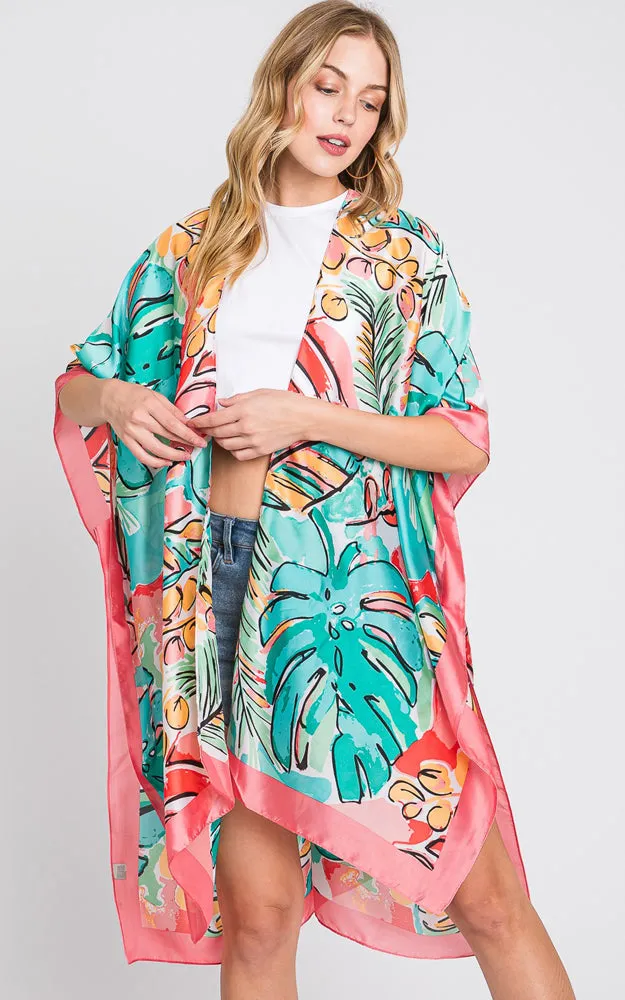 MS0346 HAND DRAWN WATERCOLOR TROPICAL LEAVES KIMONO