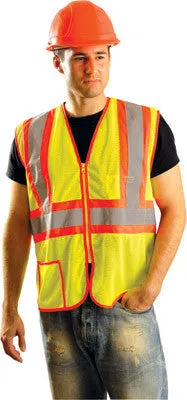 OccuNomix 3X Hi-Viz Yellow Lightweight Mesh Class 2 Vest With Zipper Front Closure, 2" Silver Reflective Tape Striping And 2 Pockets