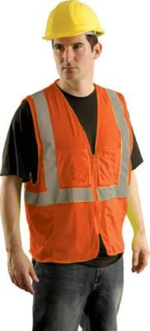 OccuNomix Small - Medium Orange OccuLux Lightweight Mesh Class 2 Economy Surveyor's Vest With Zipper Front Closure, 2" Silver Reflective Tape Striping And 12 Pockets