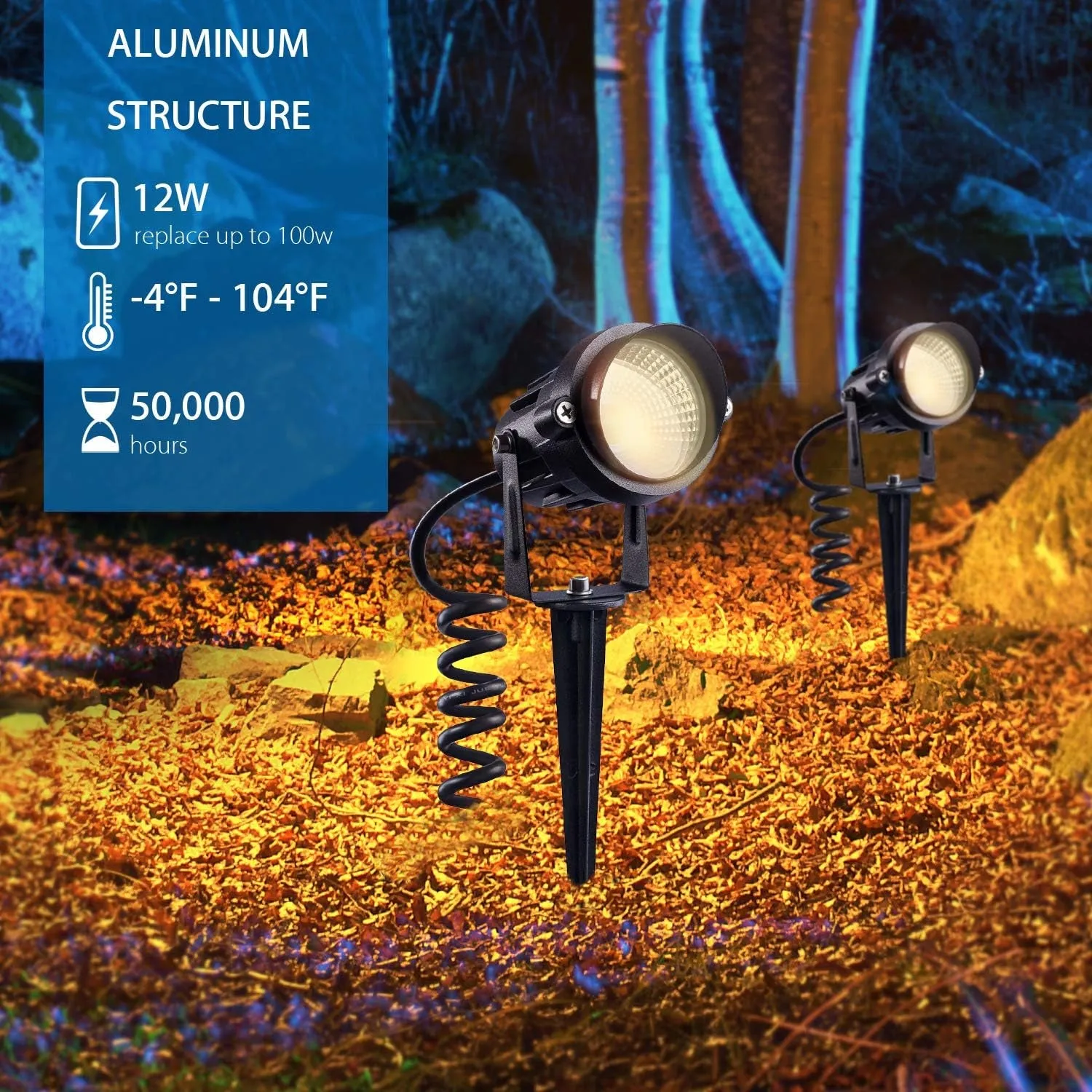 Outdoor Landscape LED Lighting 12W Waterproof Garden Lights COB Led Spotlights with Spiked Stand for Lawn Decorative Lamp US 3- Plug 3000K Warm White (2 Packs)