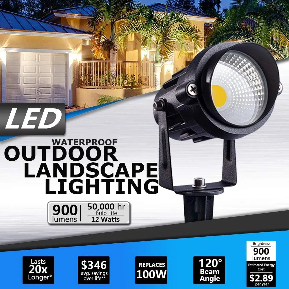 Outdoor Landscape LED Lighting 12W Waterproof Garden Lights COB Led Spotlights with Spiked Stand for Lawn Decorative Lamp US 3- Plug 3000K Warm White (2 Packs)