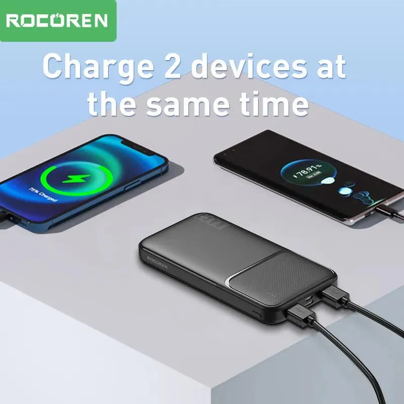 Rocoren Rapid Charge Power Bank: Dual USB External Battery with Integrated Cables