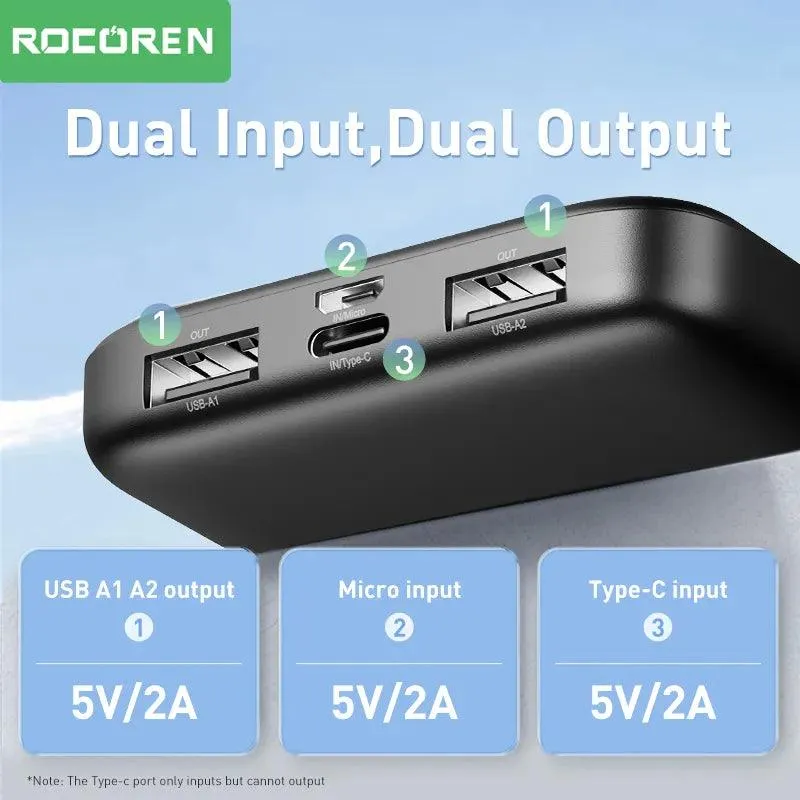 Rocoren Rapid Charge Power Bank: Dual USB External Battery with Integrated Cables