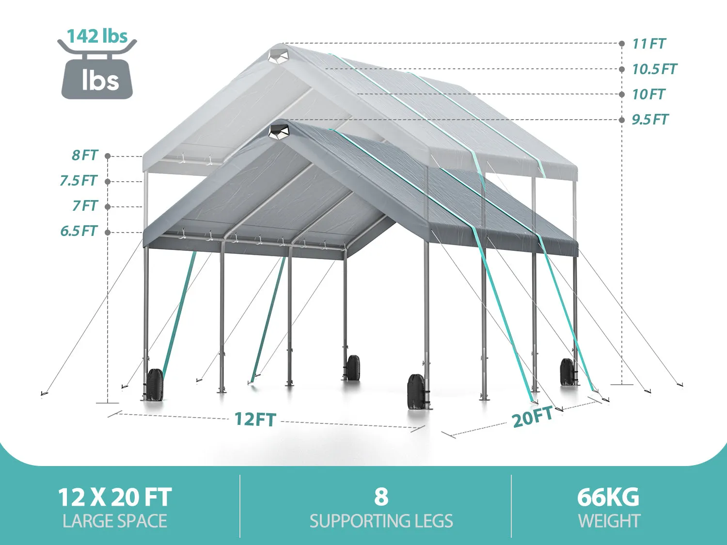SANNWSG Heavy Duty  Extra Large Portable  with Adjustable Peak Height from 9.5ft to 11ft,Metal Roof  no sidewall carport