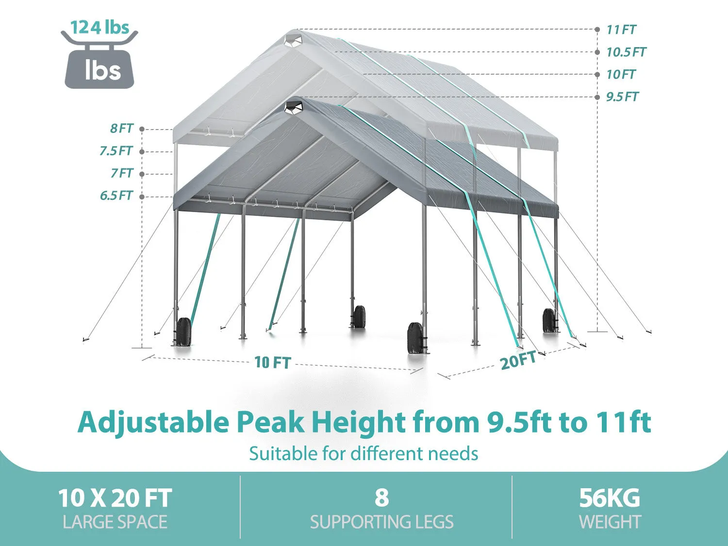 SANNWSG Heavy Duty  Extra Large Portable  with Adjustable Peak Height from 9.5ft to 11ft,Metal Roof  no sidewall carport