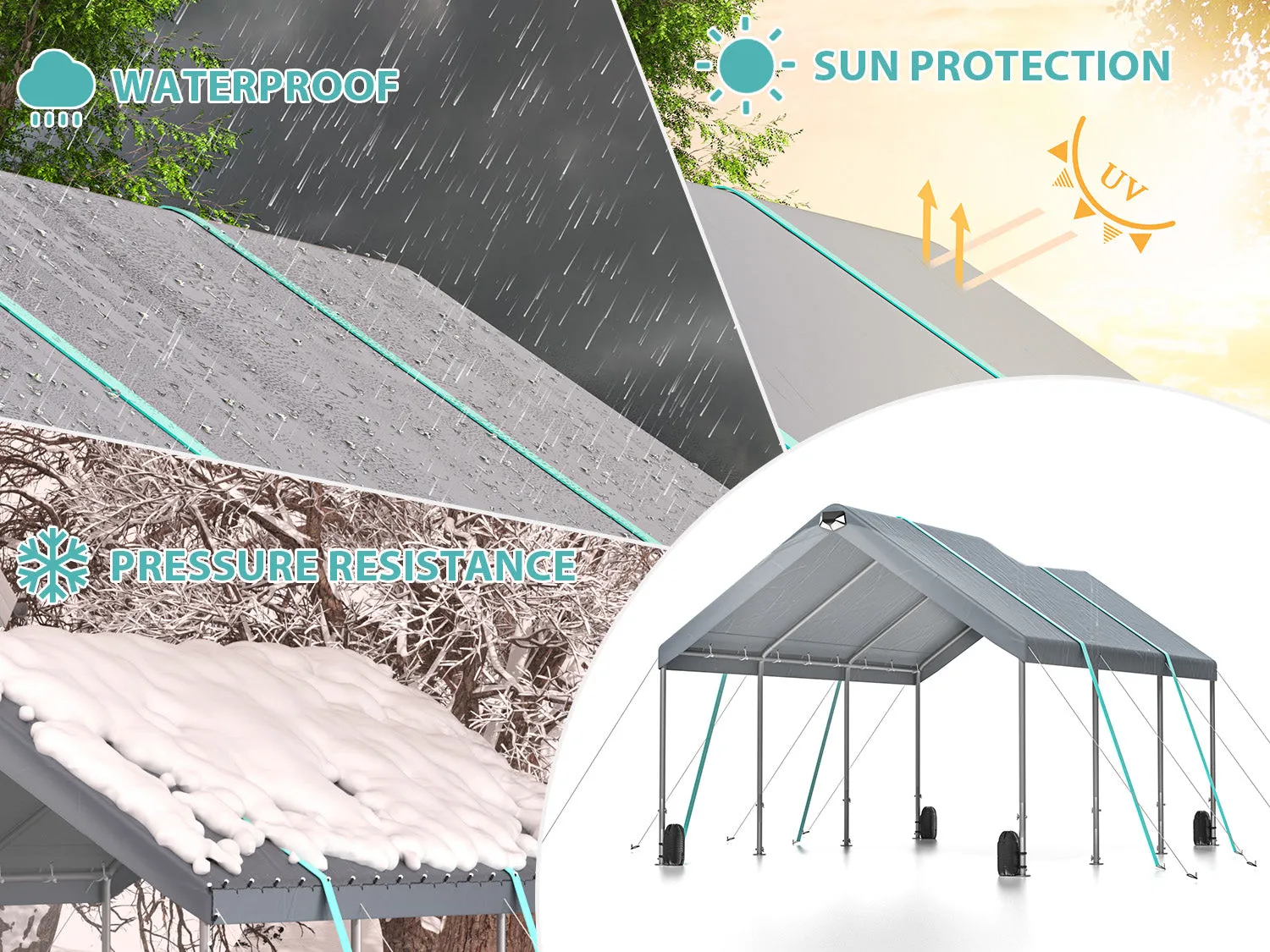 SANNWSG Heavy Duty  Extra Large Portable  with Adjustable Peak Height from 9.5ft to 11ft,Metal Roof  no sidewall carport