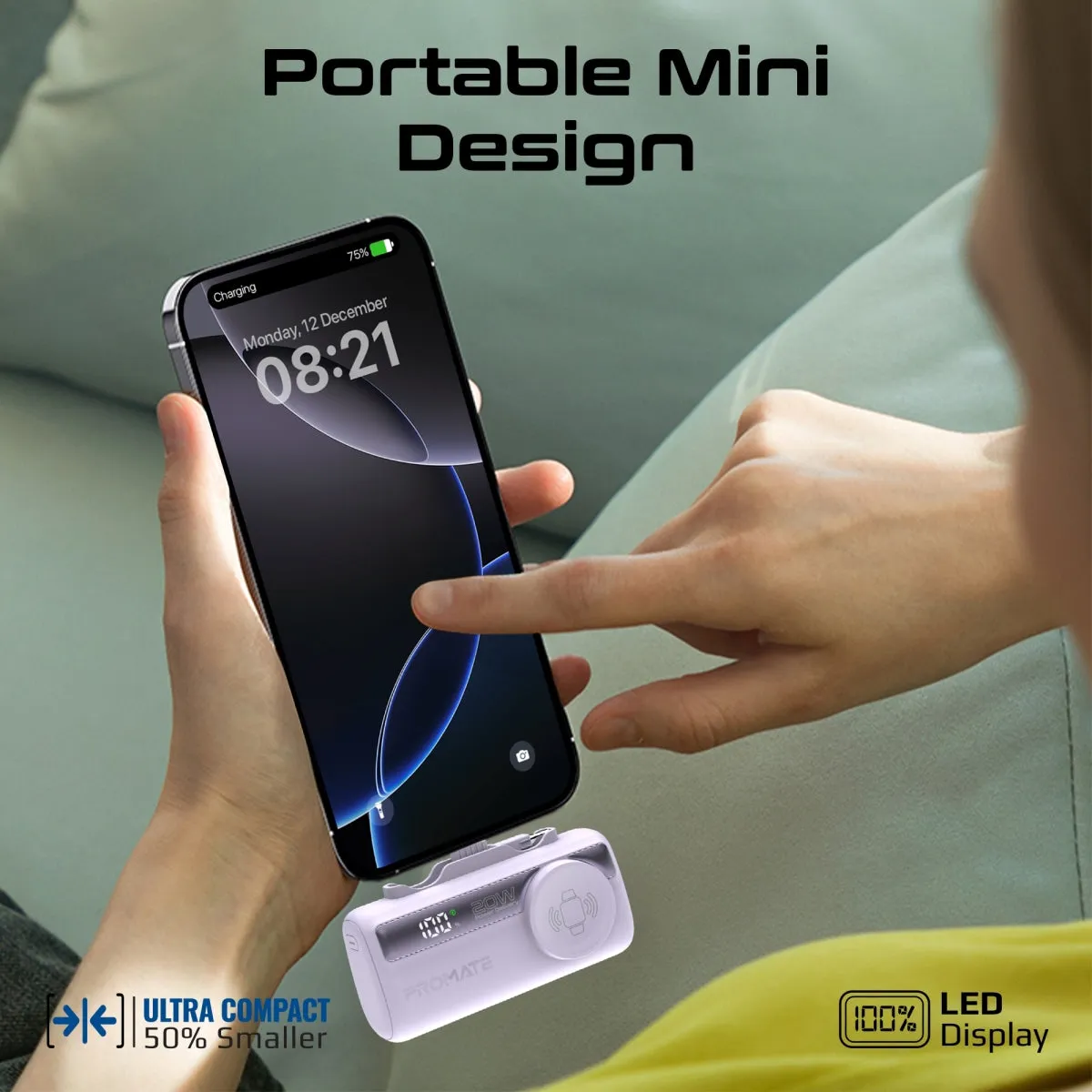 Ultra-Compact Fast Charging Power Bank with In-built USB-C, Lightning Connectors & Apple Watch Charger