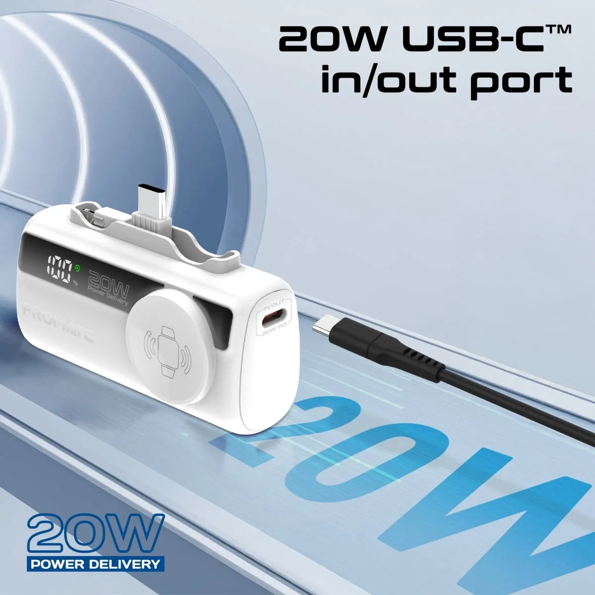Ultra-Compact Fast Charging Power Bank with In-built USB-C, Lightning Connectors & Apple Watch Charger
