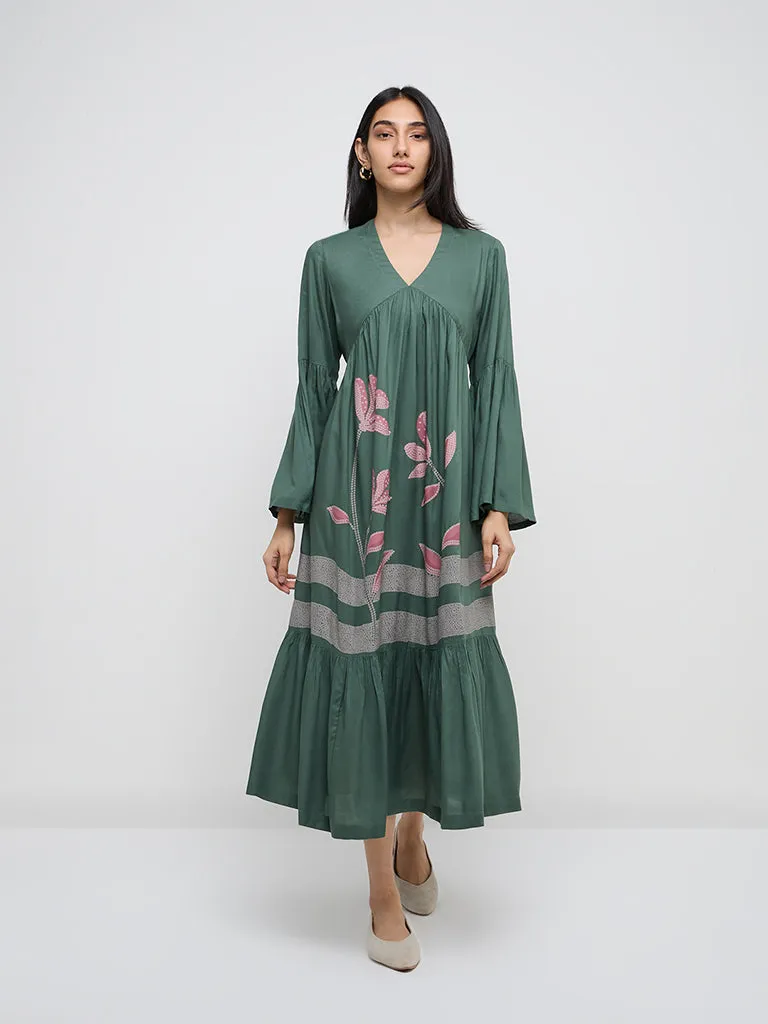 Utsa Green Bandhani Floral Tiered Dress