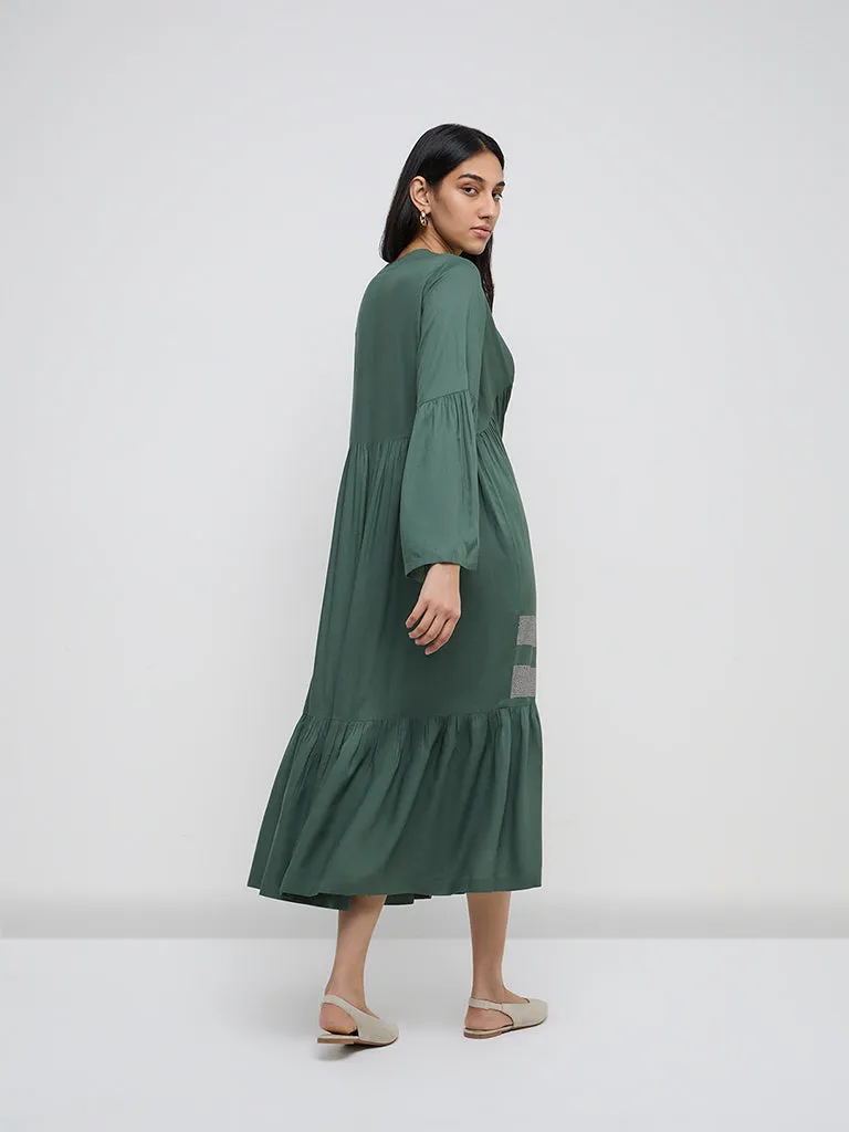 Utsa Green Bandhani Floral Tiered Dress