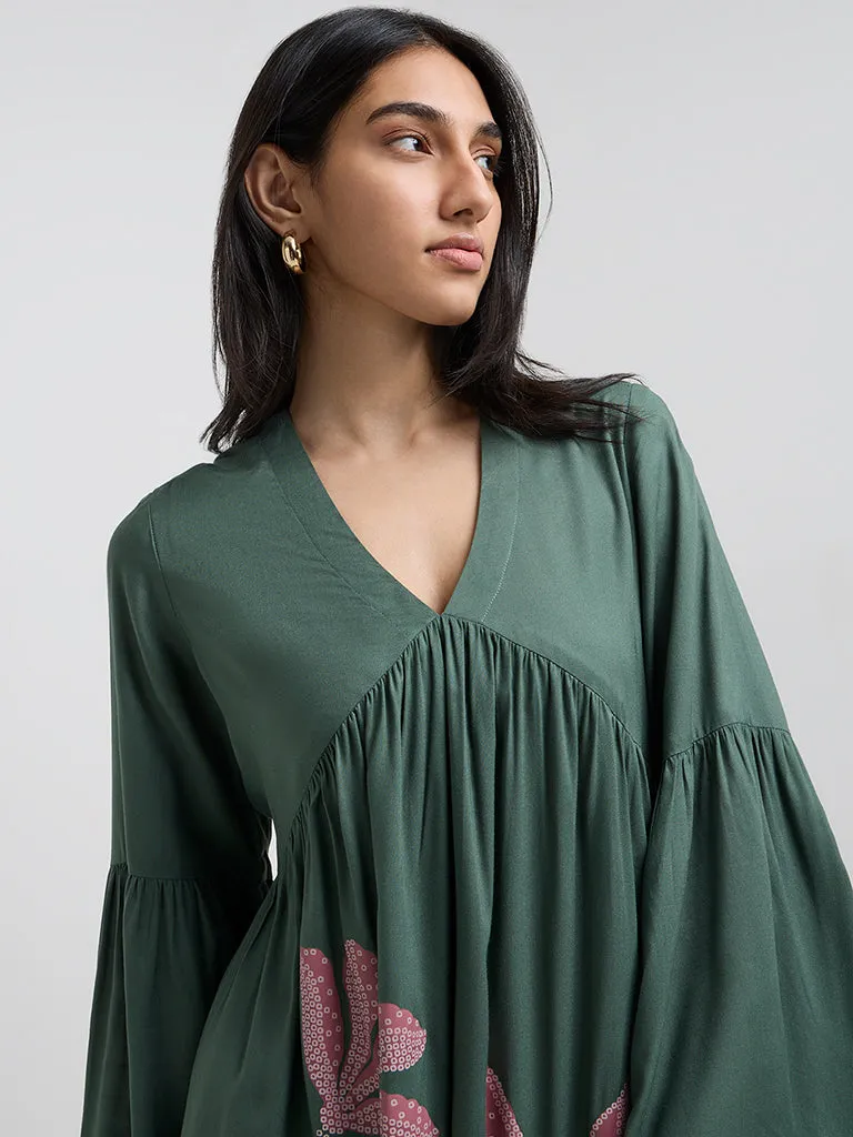 Utsa Green Bandhani Floral Tiered Dress
