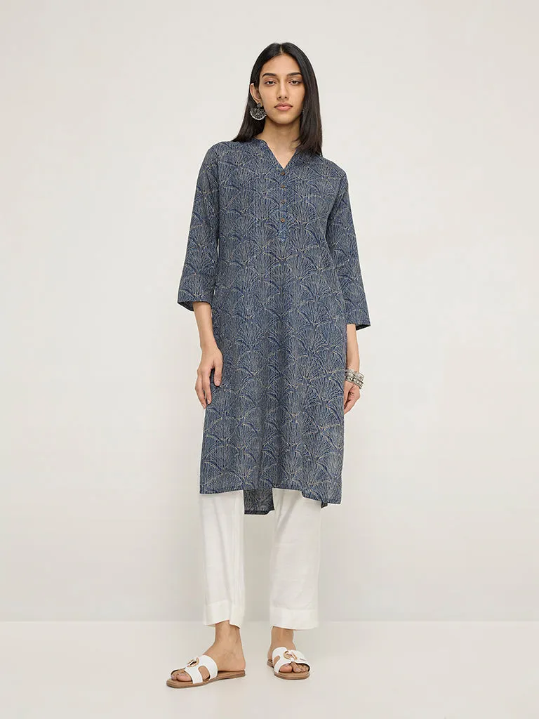 Utsa Indigo Floral Printed Straight Cotton Kurta
